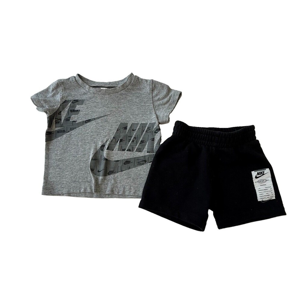 Nike Baby Boys 2-Piece Outfit Set Gray Graphic Tee Black Shorts 12M
